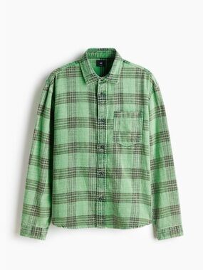 H&M Spring Green Distressed Plaid Flannel Button-Up Shirt/Shacket NWT